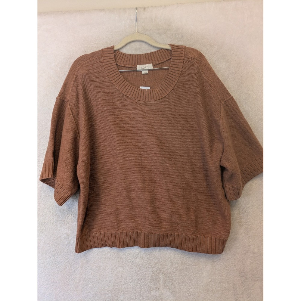 NEW Loft Outlet Sweater Women's L Brown Short Sleeve Drop Shoulder Ribbed Crew
